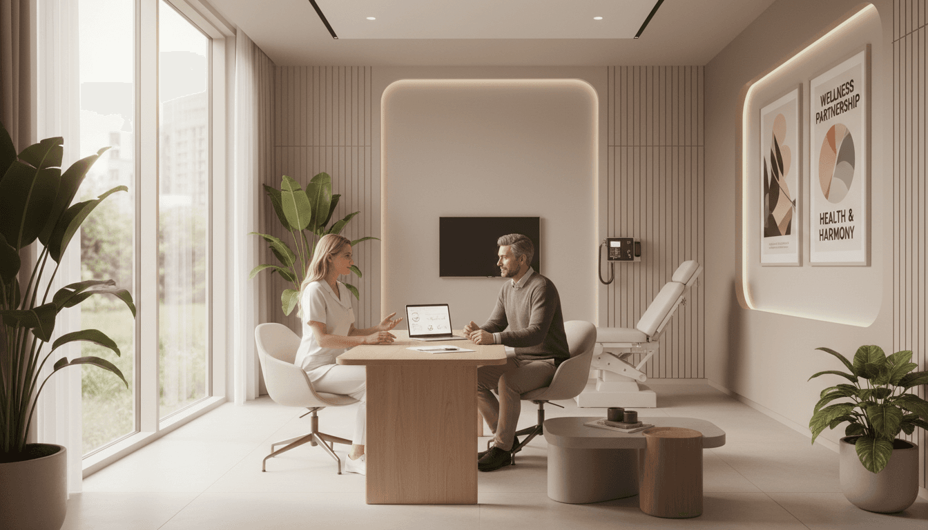 Client speaking with a therapist in a bright wellness clinic treatment room