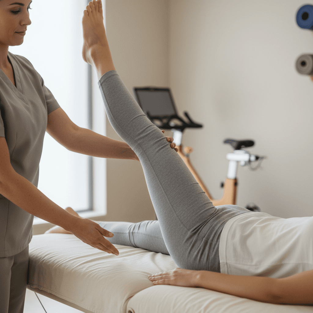 Patient performing guided stretching exercise