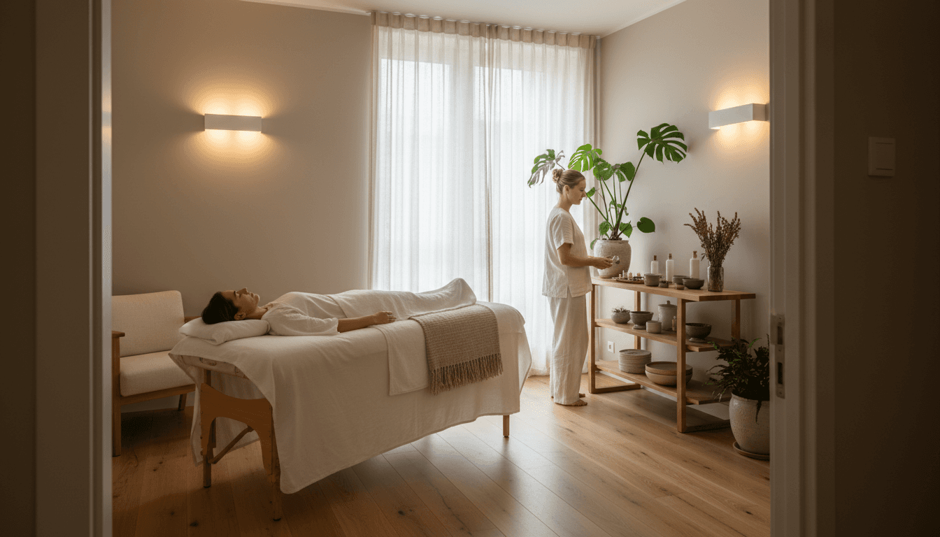 Serene treatment room with client on massage table, therapist preparing supplies, natural light, plants, and calming neutral décor